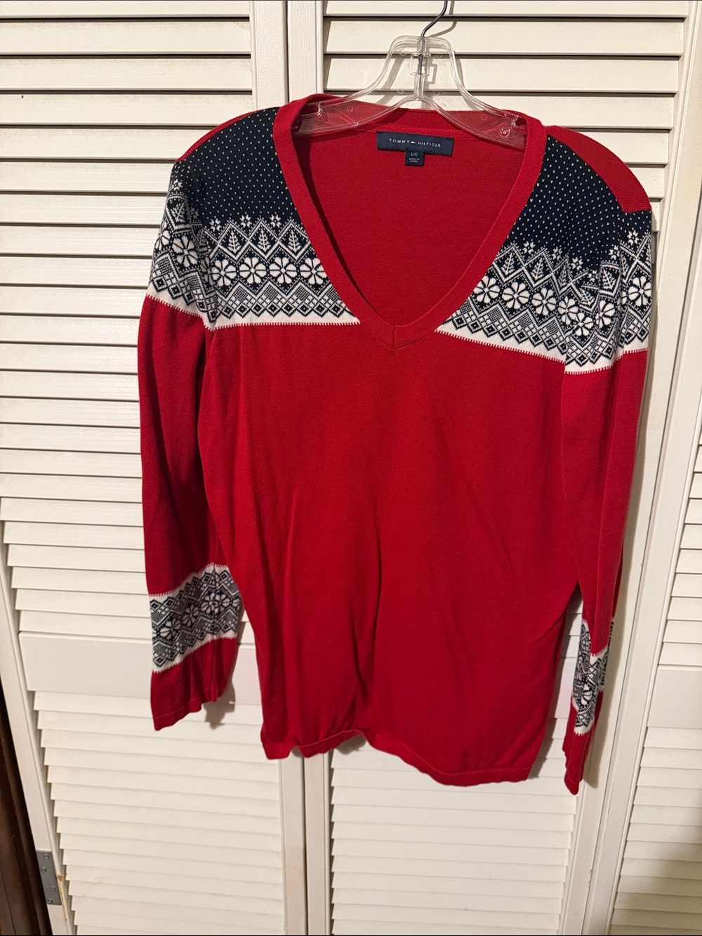 Tommy Hilfiger Red V-Neck Sweater with Navy and White Fair Isle Yoke